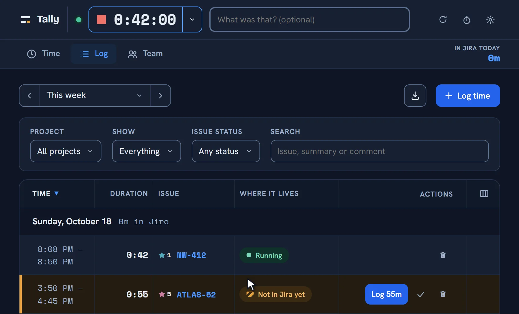 Tally's bar and Log, with the stopwatch running at 0:42 on NW-412. The pointer presses Stop, and the entry turns amber, Not in Jira yet, with a Log 42m button. Once that is pressed, the entry says In Jira and the bar's In Jira today goes from 0m to 42m.